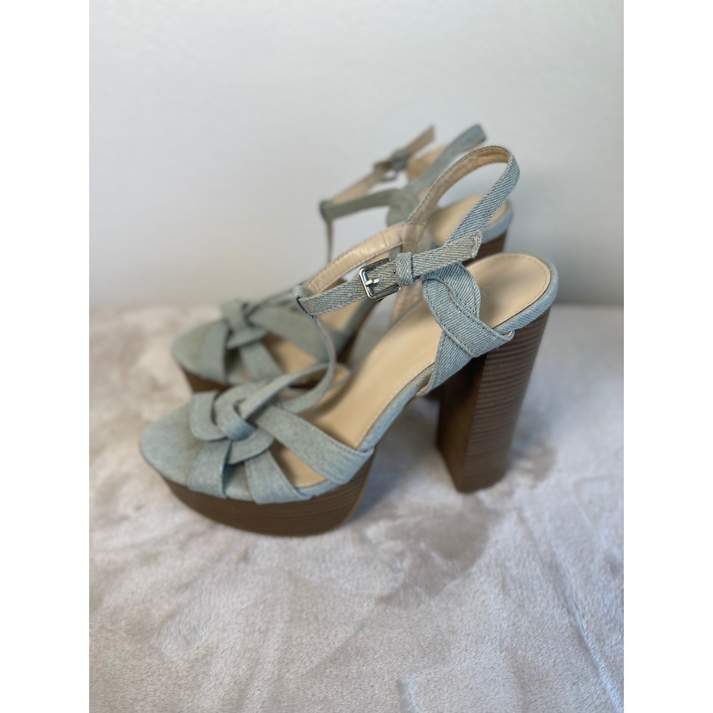 Charlotte Russe Denim Platform Sandals Light Wash Blue Strappy Block Heel Size 9